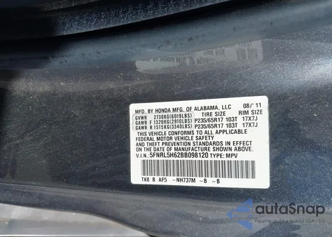 2011 Honda Odyssey Ex-L z USA, uszkodzony, nr VIN 5FNRL5H62BB098120